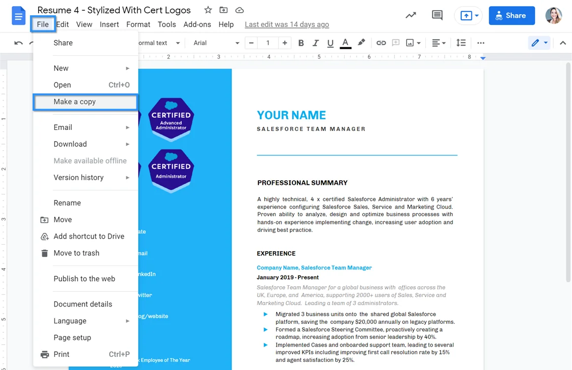 Salesforce developer resume template showing technical experience and project sections