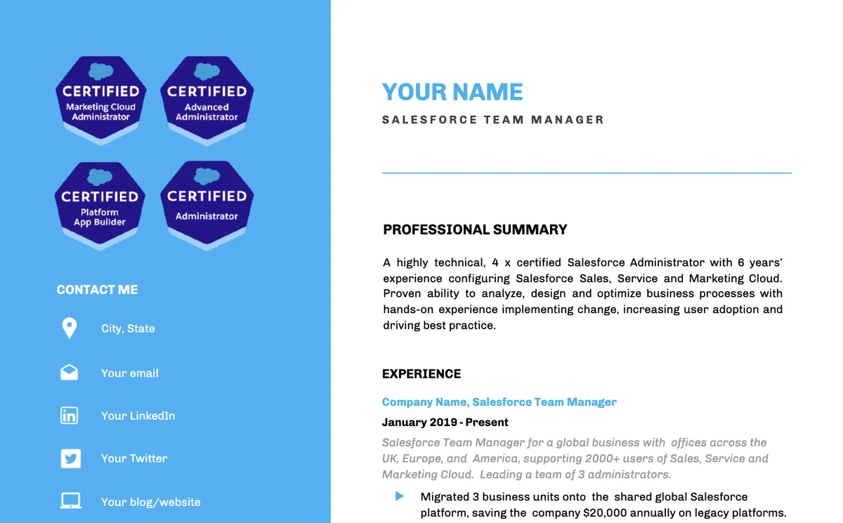 Resume Salesforce analyst and developer template comparison with skills and project sections