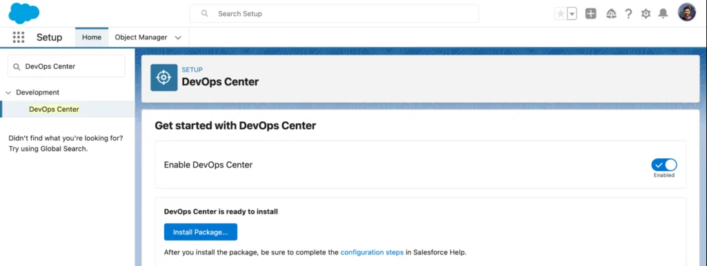 DevOps Center setup screen for connecting source control in Salesforce