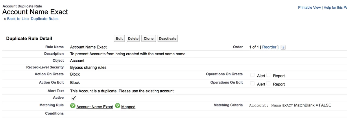 duplicate rule action settings for blocking exact Account name duplicates in Salesforce