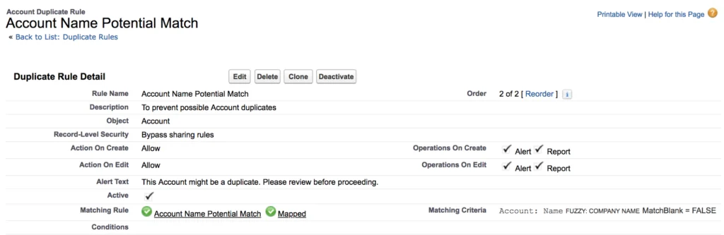 duplicate management warning rule for fuzzy Account matches in Lightning Experience