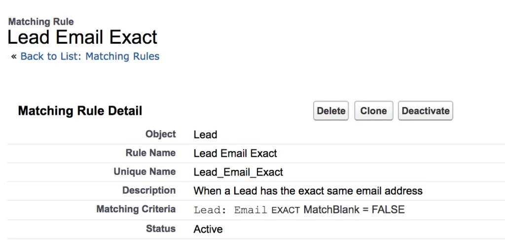 Lead email exact matching rule used for Salesforce deduping across people records