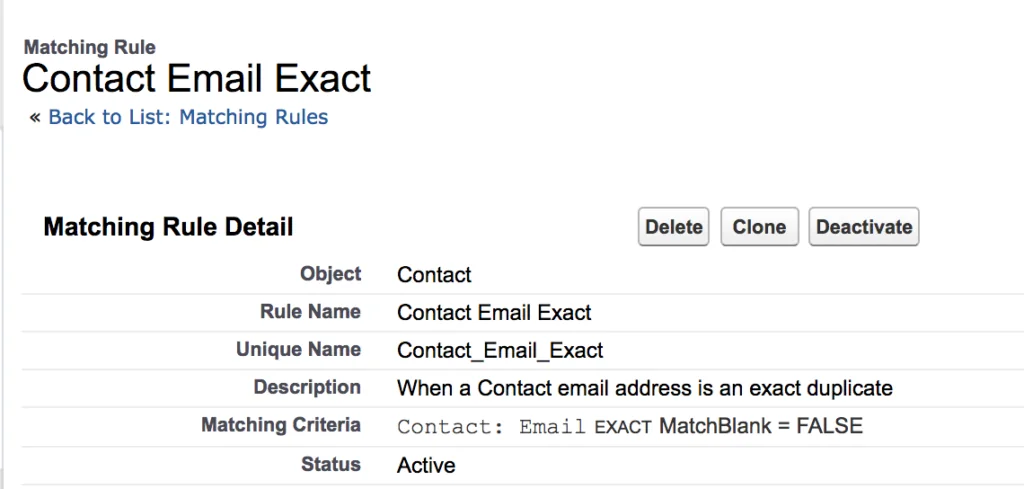 Contact email exact matching rule for deduplication Salesforce person records