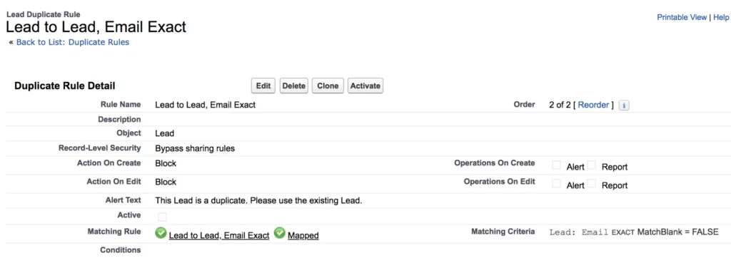 Lead duplicate rule comparing new Leads with existing Lead records by email