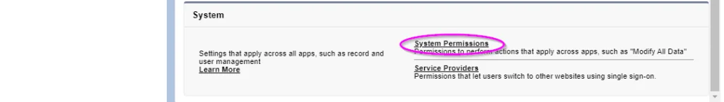 System permissions screen used to enable drag and drop builder access