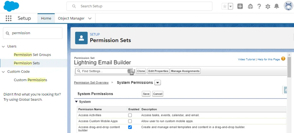 Access drag and drop content builder permission for Salesforce template users
