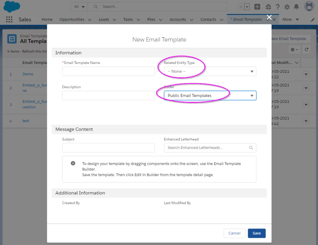 New Lightning email template form with related entity type and folder fields