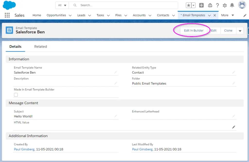 Edit in Builder button for lightning email templates after the template record is saved