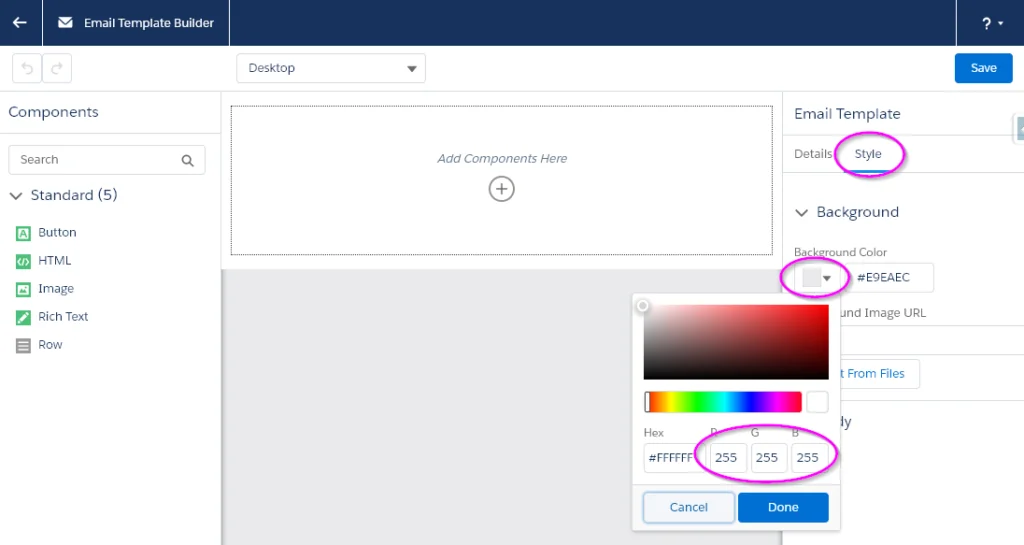 Lightning Email Template Builder canvas with image and rich text components