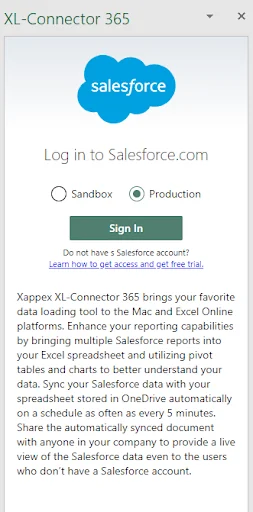 Excel Salesforce add-in task pane after Salesforce authentication