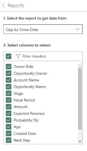 Excel connector field selection for a Salesforce report import