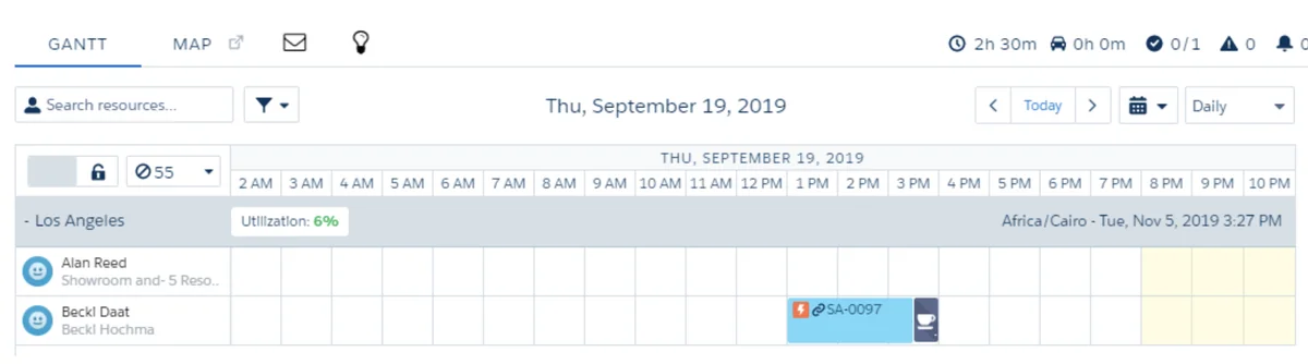 Salesforce Field Service Dispatcher Console showing Gantt chart scheduling interface