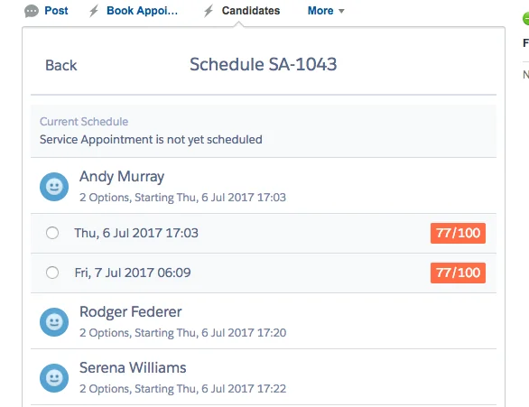 Get Candidates action showing technician availability and slot ratings for appointment scheduling