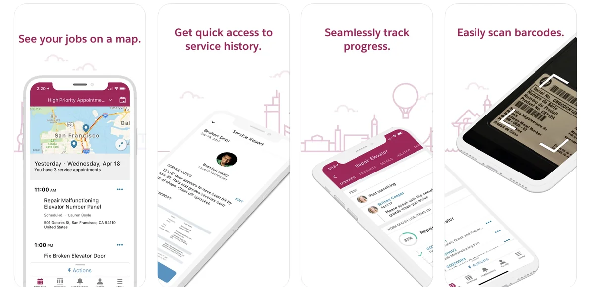 Salesforce Field Service mobile app interface showing technician dashboard and appointment details