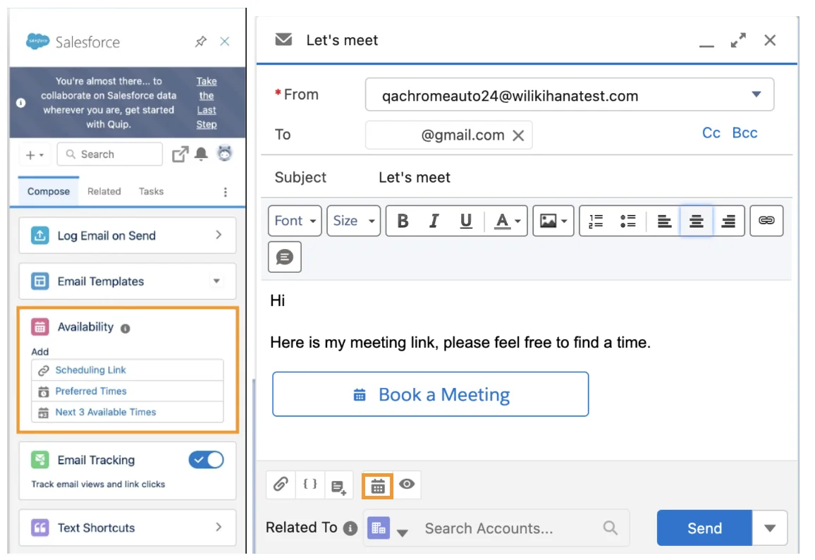 Salesforce Inbox side panel showing email productivity features inside a sales rep mailbox