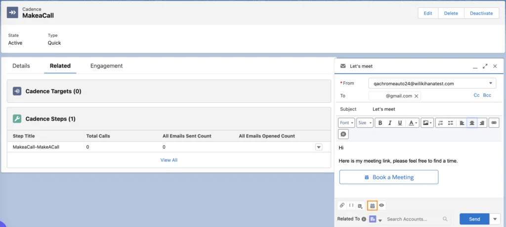 sfdc inbox availability and scheduling options displayed in the email integration pane