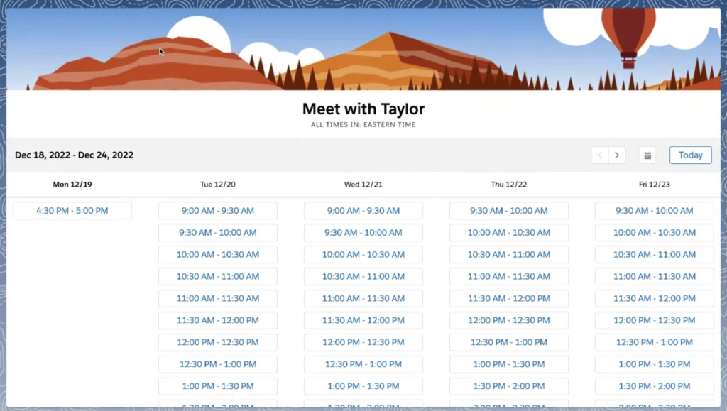Salesforce Inbox booking page where a recipient chooses a meeting time from the sender calendar