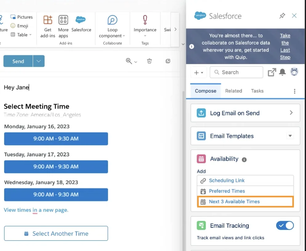 sfdc inbox next available times inserted into an Outlook or Gmail email