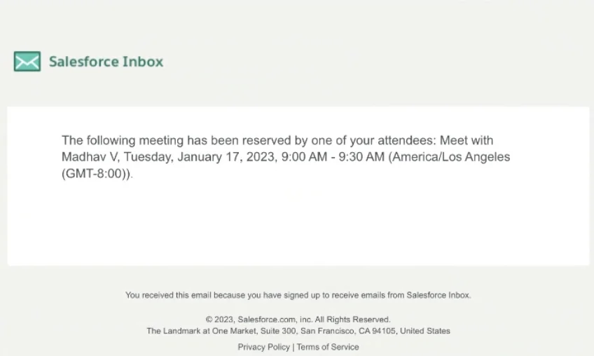 Salesforce Inbox meeting confirmation after a recipient selects an available calendar time