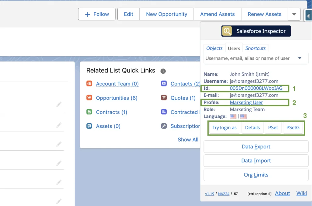 Salesforce Inspector users tab for profile and permission set checks