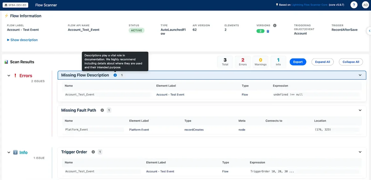Flow Scanner results table showing errors warnings and information for Salesforce Flow