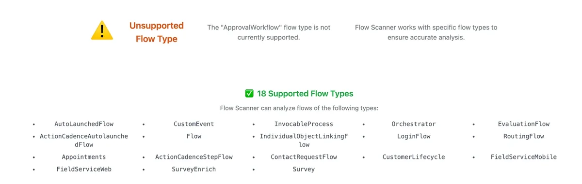 Flow Scanner warning message for unsupported flow analysis scenarios