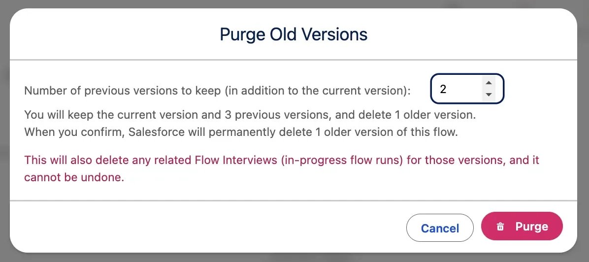 Inactive flow version cleanup dialog for Salesforce Flow maintenance