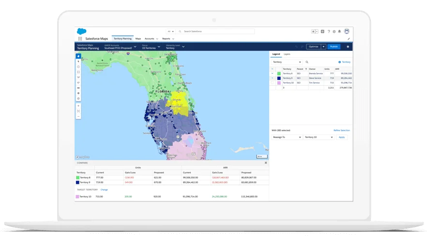Salesforce Maps territory planning screen for sales coverage and route analysis