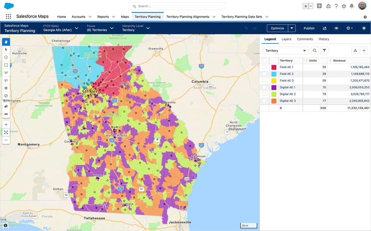 Salesforce Maps territory model showing geographic boundaries and sales coverage planning