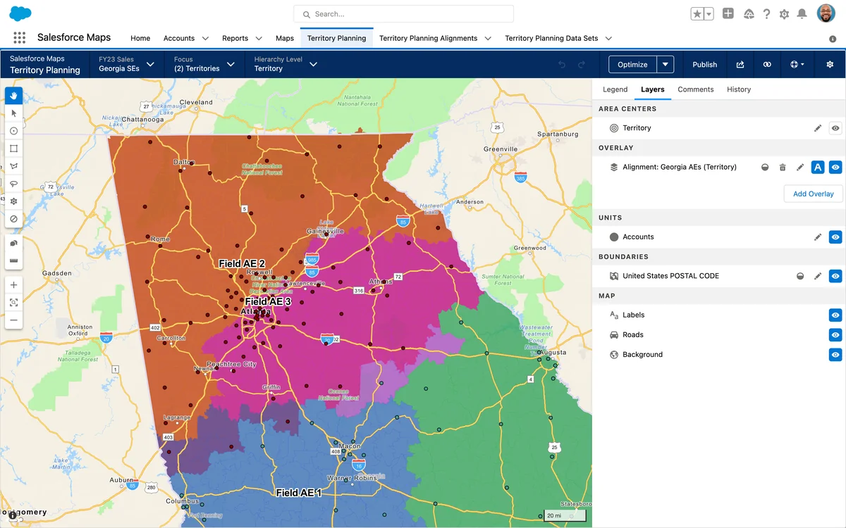 Salesforce Maps planning view comparing workload and account coverage across territories
