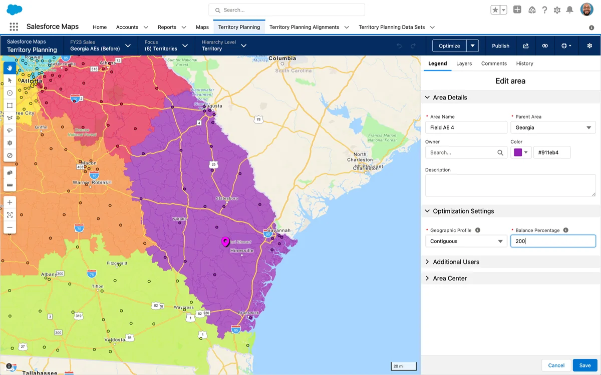 Salesforce Maps overlay for territory comparison and sales operations review