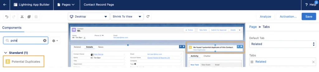 Potential Duplicates component added to a Salesforce Contact Lightning record page