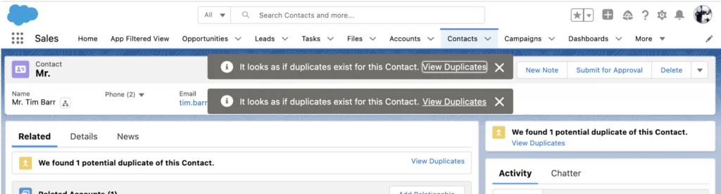 View Duplicates action used to start a Salesforce Contact merge