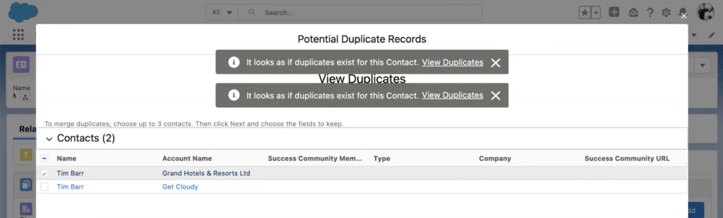 Duplicate Contact records selected for comparison in Salesforce Lightning