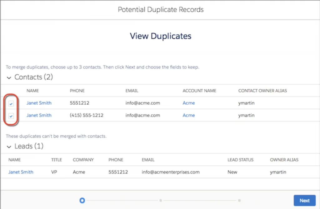 Salesforce duplicate Contact comparison before selecting the principal record