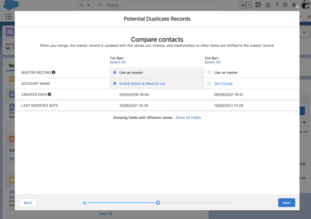 Field value selection screen for Salesforce merge contacts in Lightning