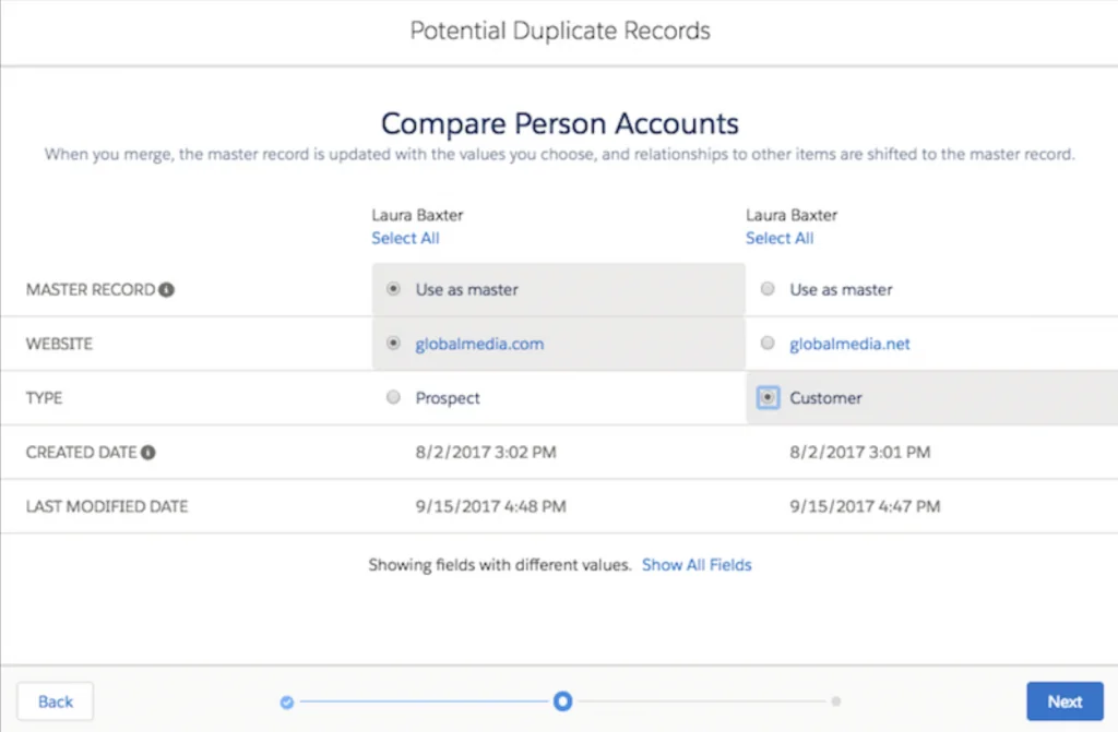 Person Account duplicate comparison used to merge Salesforce accounts