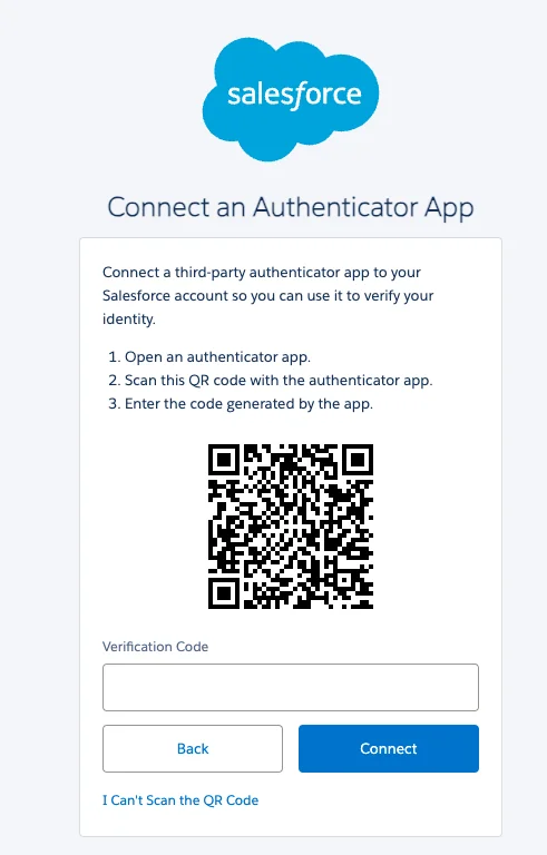 MFA Salesforce QR code enrollment for a third-party TOTP authenticator app