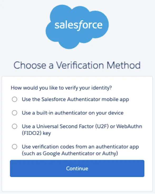 Salesforce MFA admin setting showing identity verification registration options