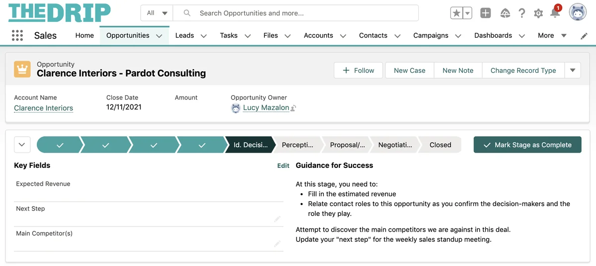 Sales Path guidance for salesforce sales stages on an Opportunity record