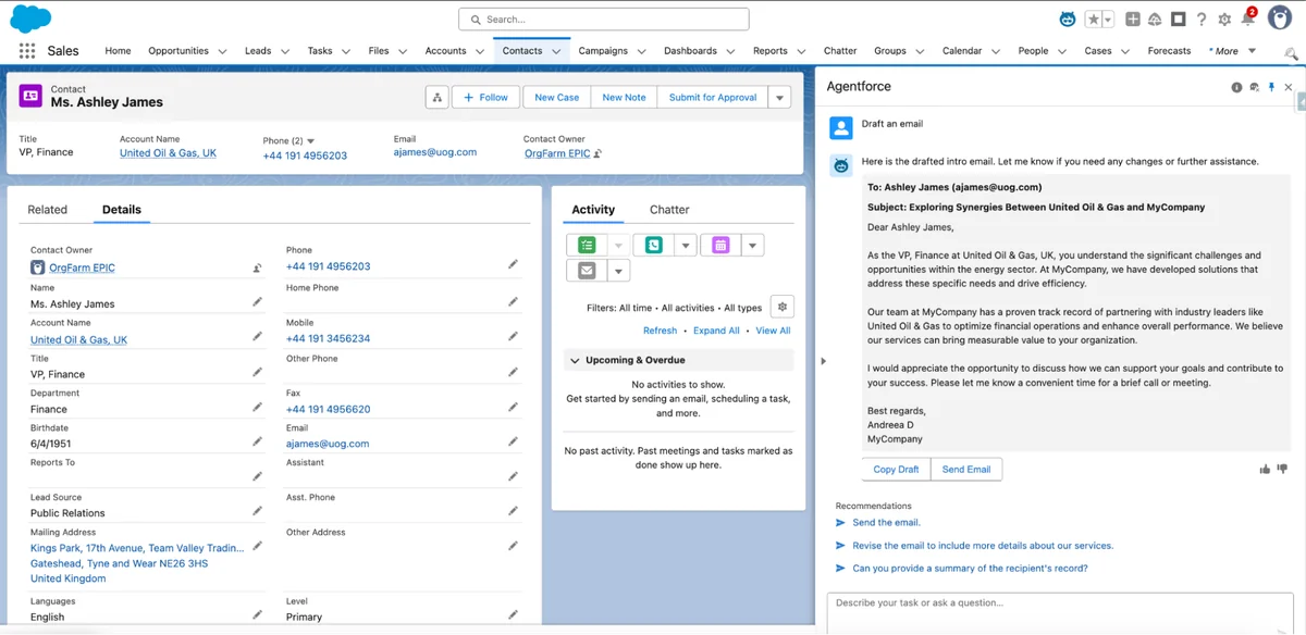 Agentforce agent builder concept with topics, actions, instructions, and CRM data