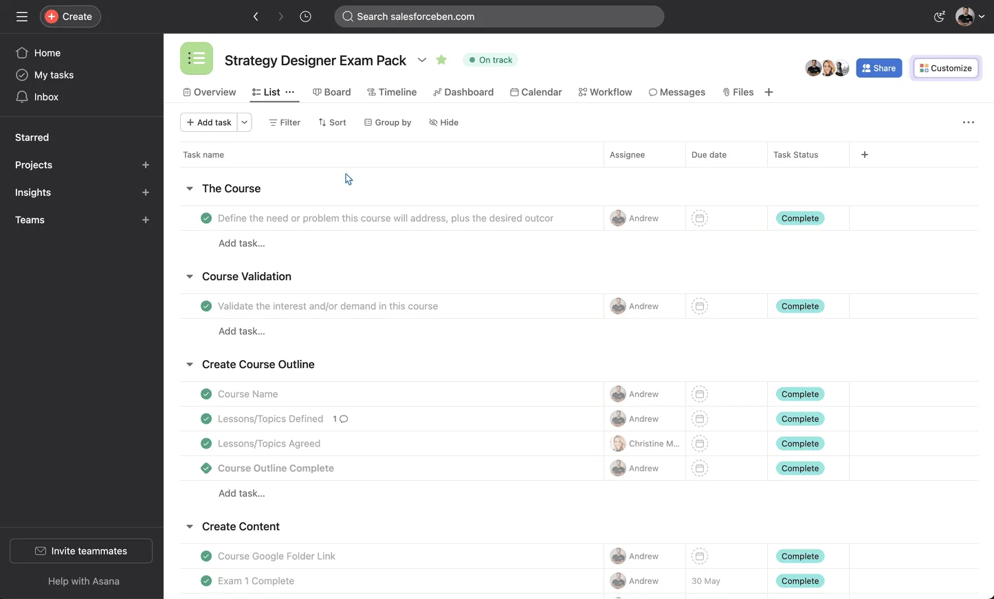 Asana and Salesforce project integration showing task ownership timelines and delivery status