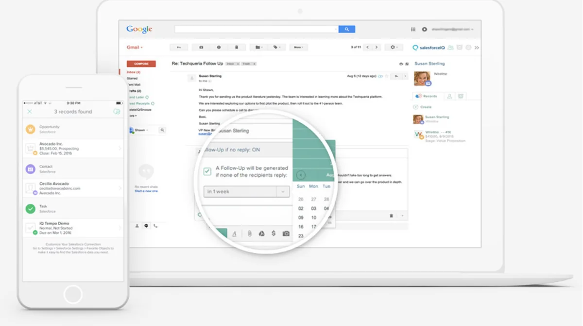 Salesforce Inbox interface showing email integration with CRM data and insights