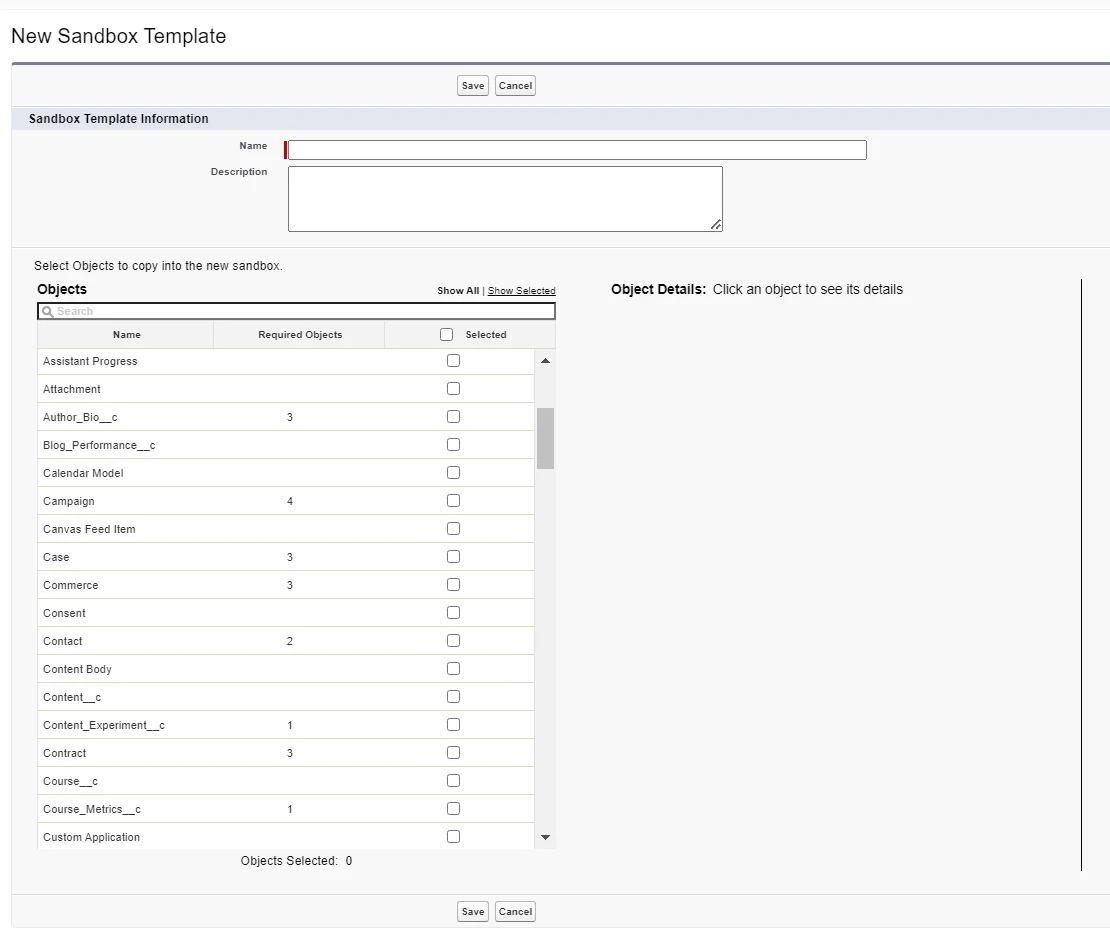 Sandbox template setup for selecting Salesforce objects and related records
