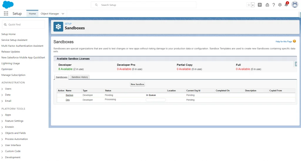 Sandbox creation in Salesforce setup screen for creating a new sandbox