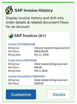 SAP invoice history card displayed in Salesforce account context