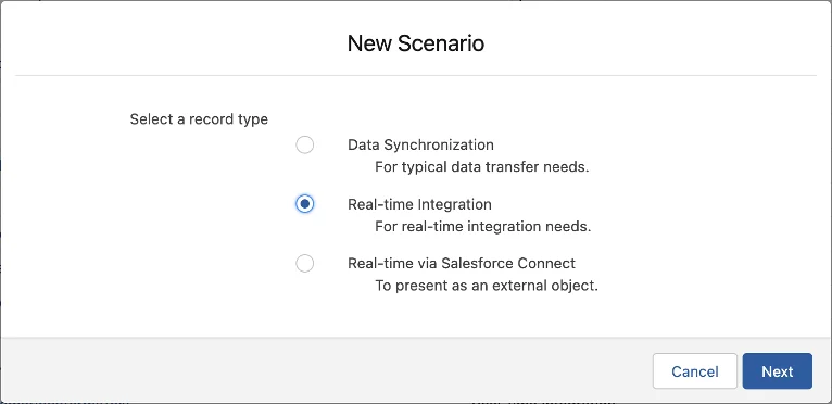 Scenario selection screen for real-time Salesforce SAP integration setup