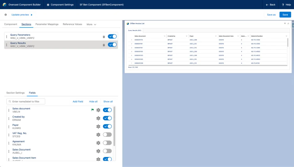 Component builder preview for SAP invoice fields in Salesforce