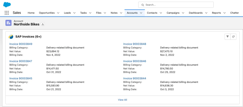 Salesforce Account page showing SAP invoice related data from SAP integration with Salesforce