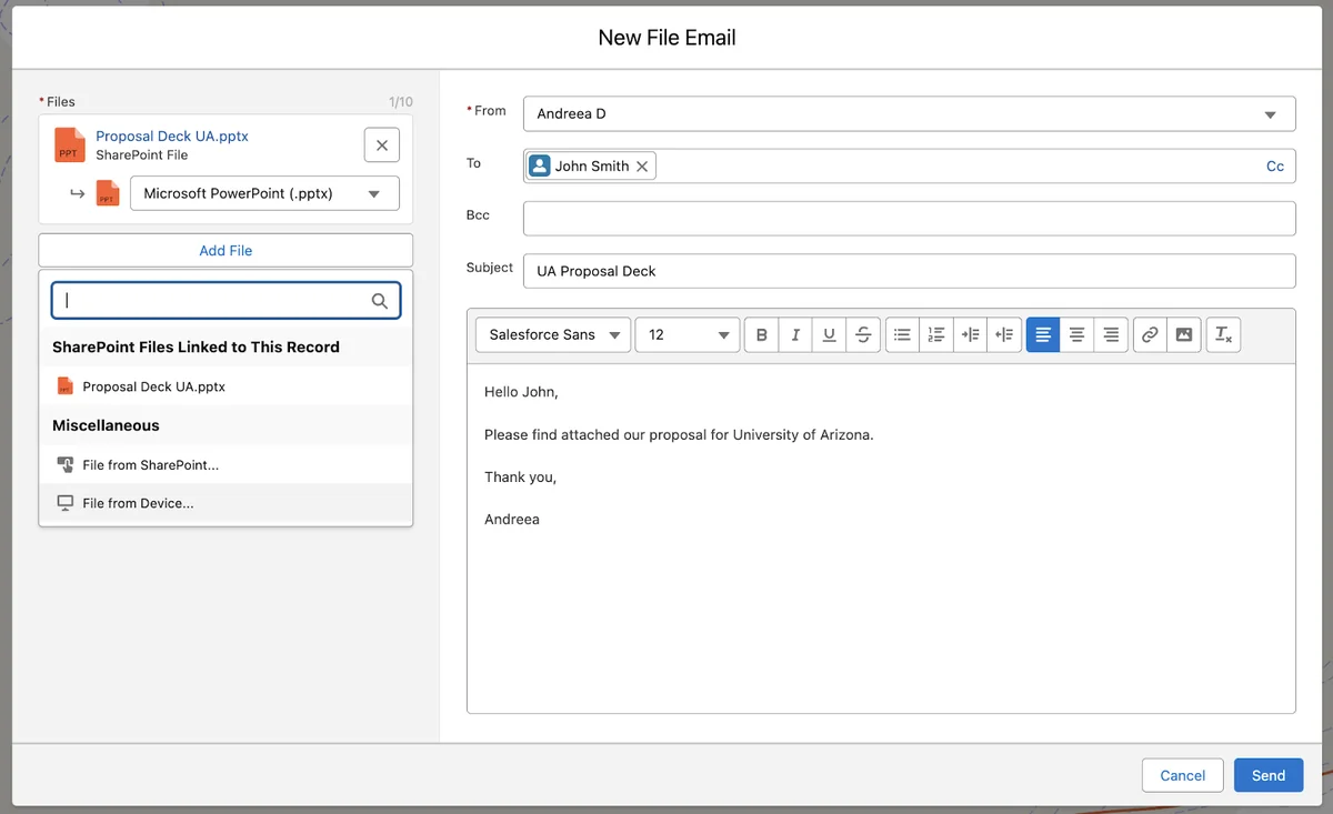 Email and file sharing interface connected to SharePoint from Salesforce